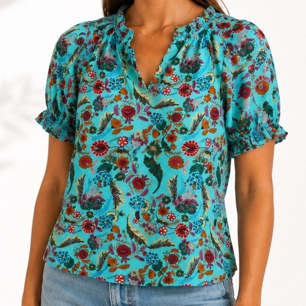 Melloday Anthropologie Womens Turquoise Floral Ruffle Neck Puff Sleeve Blouse  L